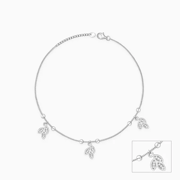 Silver Dangling Triple Leaf Charm Anklet - Image 2