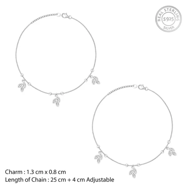 Silver Dangling Triple Leaf Charm Anklet - Image 4