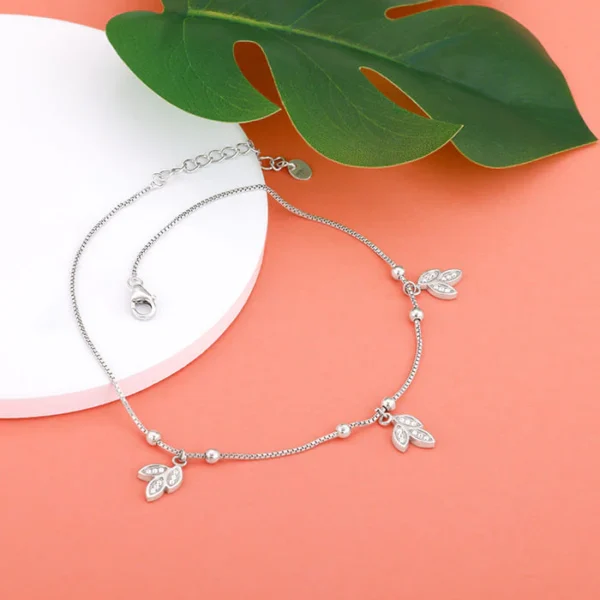 Silver Dangling Triple Leaf Charm Anklet - Image 5