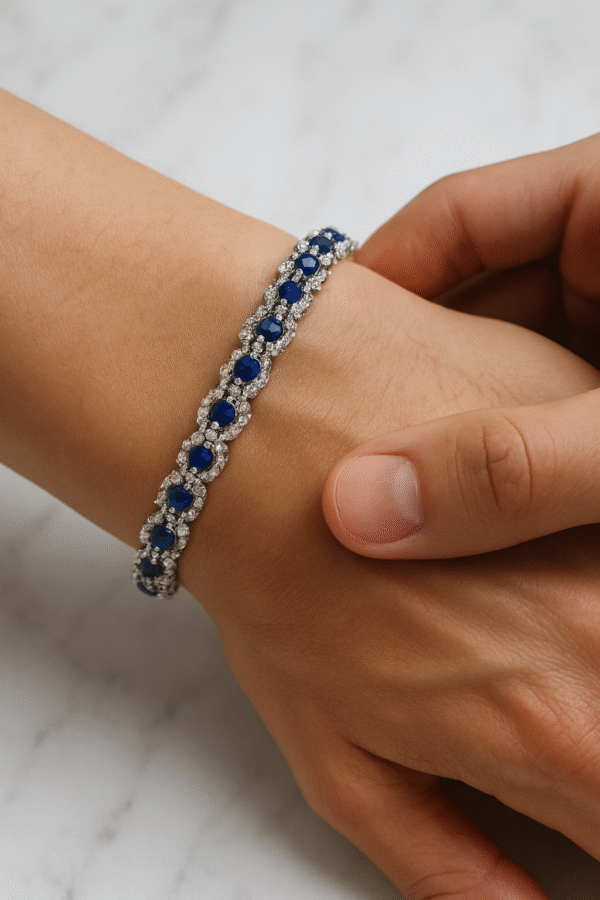 14K White Gold Round Sapphire & Diamond Bracelet - Image 5
